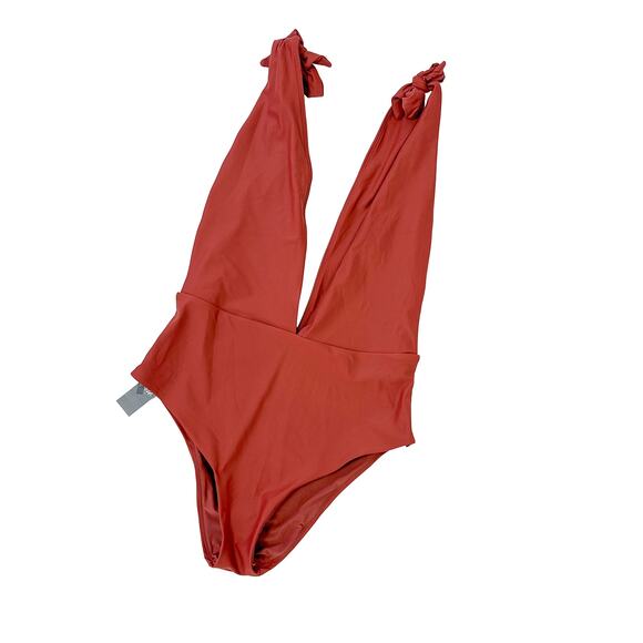 NWT Aerie Deep Plunge One Piece Swimsuit Cheeky Burnt Orange Rust Red | M - Picture 1 of 5